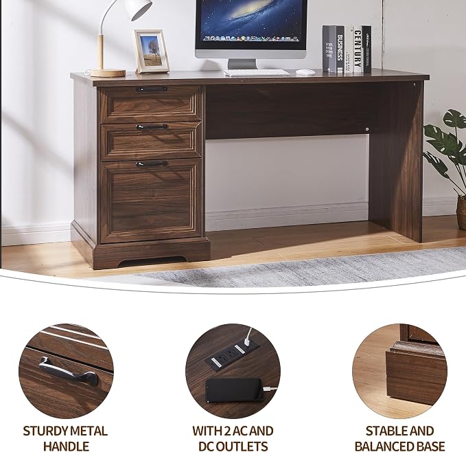 60" Farmhouse Executive Desk and 40" Mobile File Cabinet Combination,L Shaped Executive Desk with Charging Station,Home Office Desk for Office Work,Home Study (Walnut)
