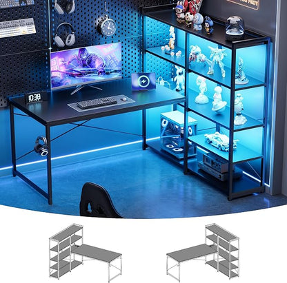 Pamray L Shaped Computer Desk with Reversible Side Storage Shelves, 49 Inch Gaming Desk with Power Outlets and Led Lights, PC Table for Home Office and Bedroom Black