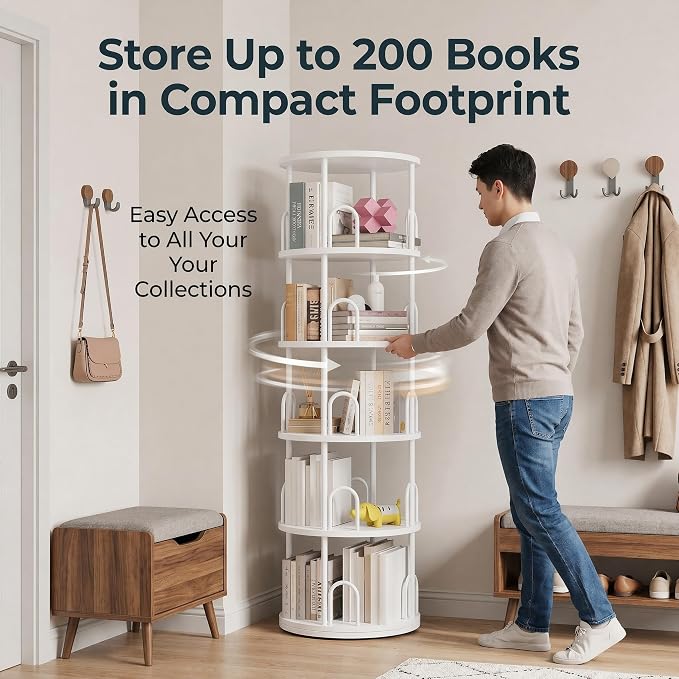 5 Tier Rotating Bookshelf, Corner Wooden, Metal Skinny Bookshelf for Toy Lego Dispaly Book Shelf Room Storage Organizer Furniture White Tall Bookcase for Bedroom Living Room Office Kitchen Shelf