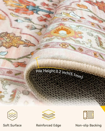 RELEANY Area Rugs Runner 2'x8' Washable Non-Slip, Floral Vintage Distress Medallion Carpet for Kitchen Hallway Bedroom Beside Laundry Room Bathroom, Light Pink Colorful