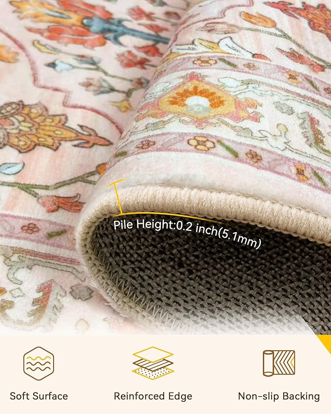 RELEANY Area Rugs Square 6ft Washable Non-Slip, Floral Vintage Distress Medallion Carpet for Living Room Bedroom Dining Room, Light Pink Colorful