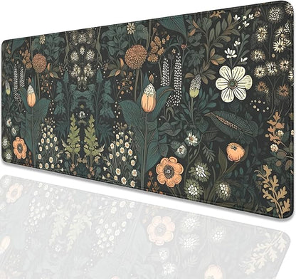 Dark Cottagecore Mouse Pad Floral Desk Pad,Botanical Mousepad, Vintage Desk Mat,Wildflower Mousepad with Stitched Edges Non-Slip Waterproof Rubber Base Mouse Mat for Office Work Home(27.5X11.8 in)