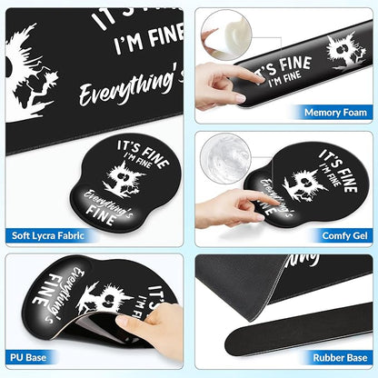 Desk Mat Set + Keyboard and Mouse Pad with Wrist Rest Support,4-in-1 Large Mousepad Computer Mats for Desktop Home & Office-It's fine I'm fine Everything is fine