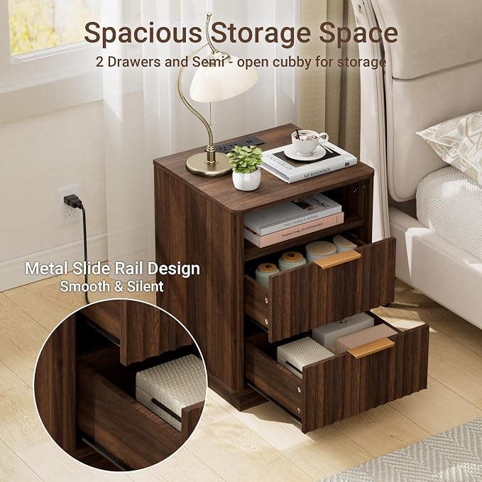 Fluted Nightstand, Walnut Night Stand, 2 Drawers Nightstand with Charging Station, Wooden End Table with Storage, Modern Bedside Table for Bedroom Sofa Home Office, Curved Corners Design