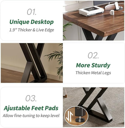 Solid Wood Desk 63 Inches, Live Edge Wooden Home Office Computer Desk Metal Frame Modern Simple Design Executive Real Wood Desk for Writing Study Dining Gaming
