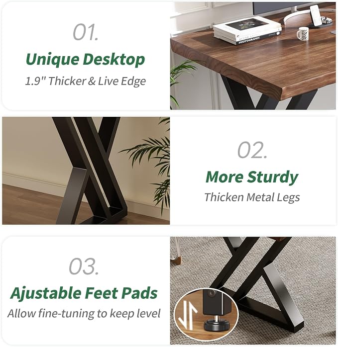 Solid Wood Desk 71 Inches, Live Edge Wooden Home Office Computer Desk Metal Frame Modern Simple Design Executive Real Wood Desk for Writing Study Dining Gaming