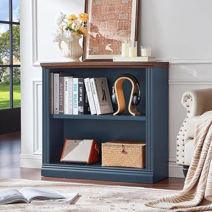 RWYHG 30" Blue Bookshelf,2-Tier Thick Wooden Book Shelf with Adjustable Shelves,Free Standing Farmhouse Bookcase with Open Display Storage,Floor Vintage Bookshelves for Living Room,Office