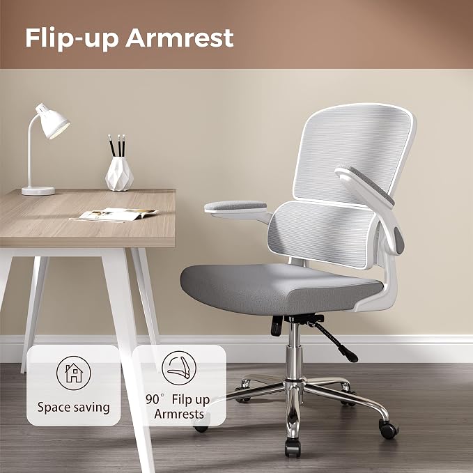 Logicfox Ergonomic Office Chair, Comfortable Office Chair with Flip-up Arms, Adaptive Lumbar Support, Mesh Computer Chair with Thick Cushion, White Desk Chair with 90°-130° Tilt Function