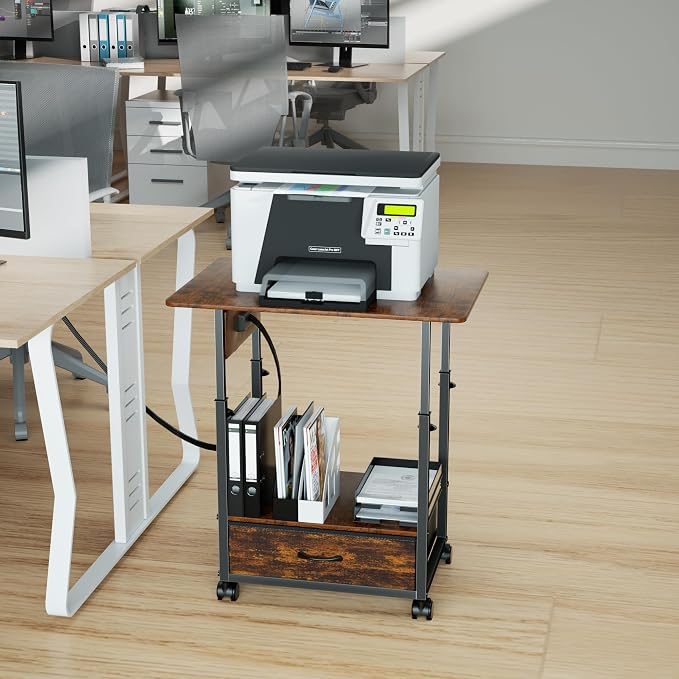DALEMHOME Printer Stand with Charging Station, 2-Tier Height Adjustable Printer Table with Power Outlets Ports, Mobile Printer Cart with Fabric Drawer & Lockable Wheels, for Home Office, Rustic Brown