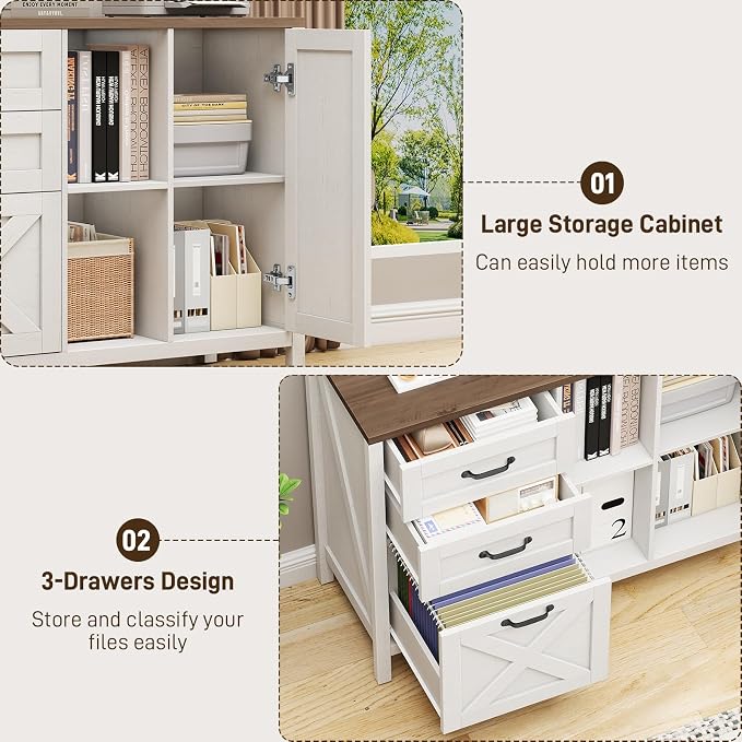 Halitaa 3 Drawer File Cabinet, Farmhouse Style Lateral Filing Cabinet Suitable for Letter or A4 Size Files, Wooden Home Office Storage with Adjustable Shelf and Printer Stand, White and Brown