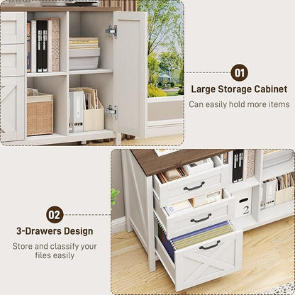 Halitaa 3 Drawer File Cabinet, Farmhouse Style Lateral Filing Cabinet Suitable for Letter or A4 Size Files, Wooden Home Office Storage with Adjustable Shelf and Printer Stand, White and Brown