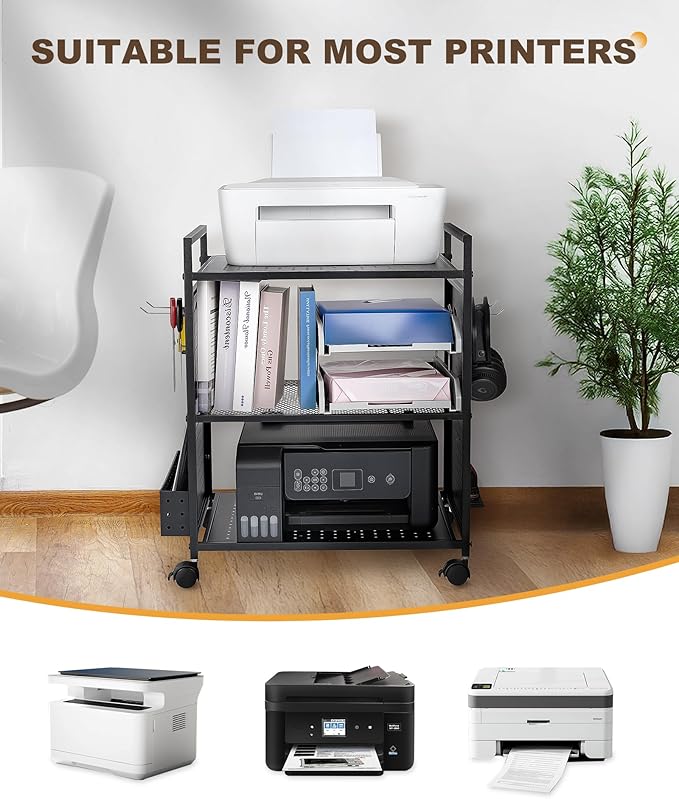 Mythinglogic 3-Tier Rolling Printer Stand with Adjustable Height, Metal Office Organizer Cart, DIY Panels, Lockable Wheels for Home, Office, Kitchen, Gaming