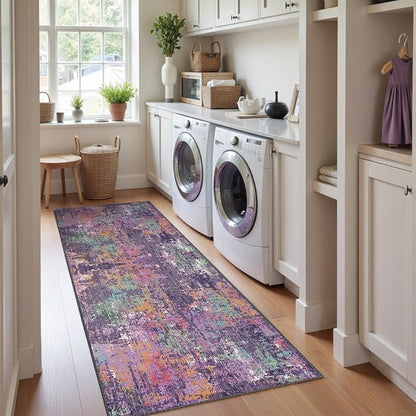 RELEANY Washable Area Rugs 2'x6' Non-Slip Modern Abstract Soft for Living Room Entryway Bedroom Kitchen, Print Pattern, Purple Orange Blue Green Rust Red Colorful