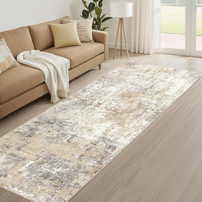 Runner Rug Kitchen Washable Rugs: 2x8 Non-Slip Abstract Soft Modern Stain Resistant Indoor Floor Neutral Accent Throw Carpet for Hallway Bathroom Laundry Room Entryway Bedroom- Gray Gold