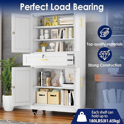 erosoei 75" H Metal Garage Storage Cabinet, Rolling Tool Cabinet | with 2 Doors and Wheels, Locker Steel Cabinet with 4 Adjustable Shelves and Drawer, Organization Cabinet for Garage,Home,Gym