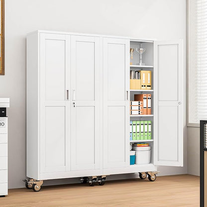 Metal Garage Storage Cabinets and storage system, 71”Tall Rolling utility cabinet with Wheels, Lock, 4 Adjustable Shelves, Heavy Duty Steel Tool Locker for Home Office, Utility Room, Gym,White