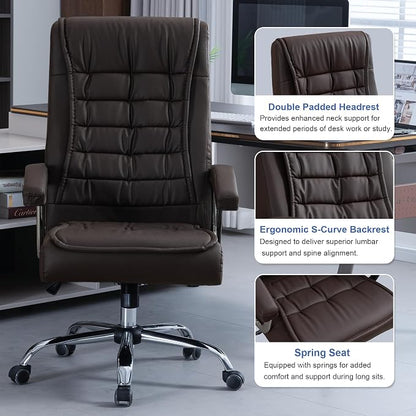 Executive Office Chair Adjustable Leather Chair High Back Swivel Office Desk Chair with Padded Armrest 350lbs Load-Bearing Spring Seat Computer Desk Chair for Home Office, Brown