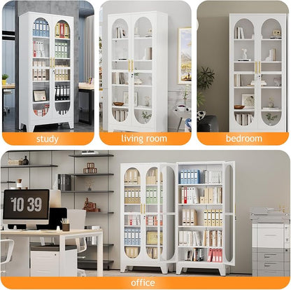 PAOFIN 71" H Locking Display Cabinet with Glass Door, Metal Curio Cabinets with 4 Adjustable Shelves, Tall Liquor Cabinet Display Case for Living Room, Collectibles, Home - Assembly Required White