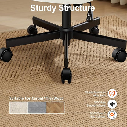 Criss Cross Chair with Wheels,Thick Padded Fabric Cross Legged Office Desk Chair with Pocket Spring Cushion,Dual-Purpose Base,Wide Adjustable Computer Home Office Vanity Chair,Cream White
