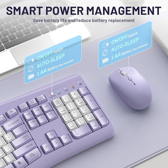 Wireless Keyboard and Mouse Combo,2.4G Full Size Ergonomic Curved Silent Keyboard with Fn Multimedia Keys for Office and Home, 3-DPI Quiet Mouse for Windows,Mac OS Desktop/Laptop/PC (Purple-B)