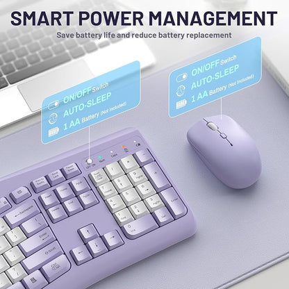 Wireless Keyboard and Mouse Combo,2.4G Full Size Ergonomic Curved Silent Keyboard with Fn Multimedia Keys for Office and Home, 3-DPI Quiet Mouse for Windows,Mac OS Desktop/Laptop/PC (Purple-B)
