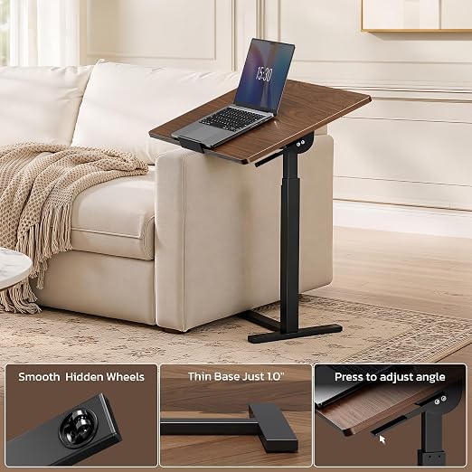 Mobile Standing Desk Adjustable Overbed Table, Pneumatic Height Adjustable Rolling Laptop Desk with Hidden Wheels, 0-180°Tilt Top Rolling Computer Cart Foldable for Home Office, Craft & Study, Brown