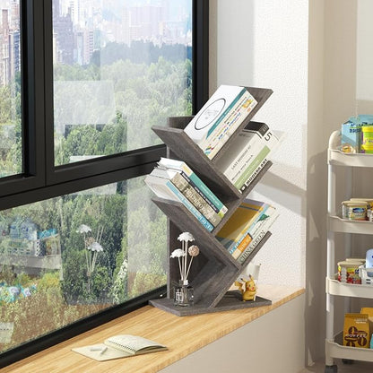 SHEEPAM 5 Tier Tree Book Shelf, Small Desktop Bookshelf with Storage Organizer, Wood Bookcase, Desk Display Bookshelves, Floor Standing Organizer Bookcases for Living Room,Bedroom,Office - Light Grey