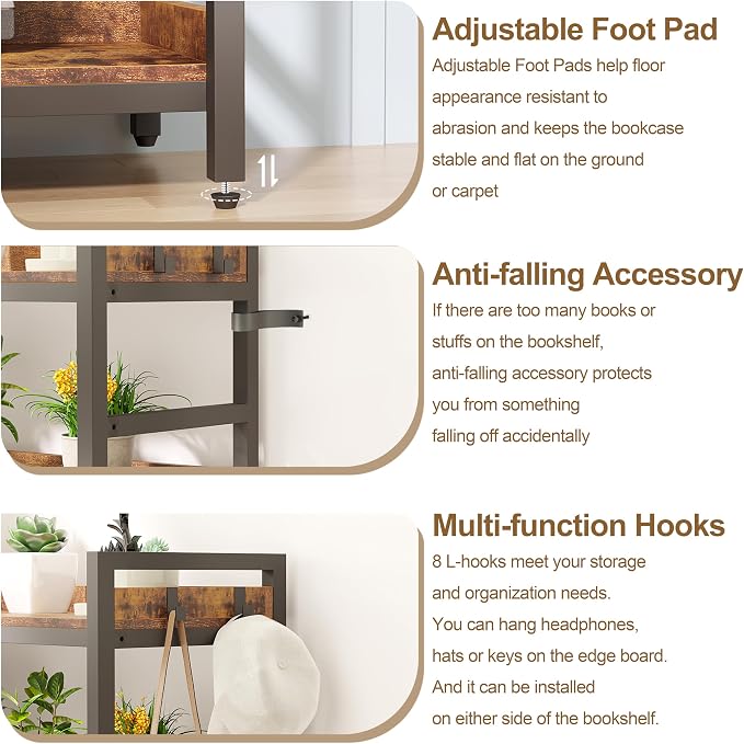 HCHQHS Adjustable Book Shelf with 8 Hooks, Reversible Corner Bookshelf, Industrial Wooden and Metal Bookcase for Living Room, Bedroom, Home Office (Rustic Brown, 6 Tier)