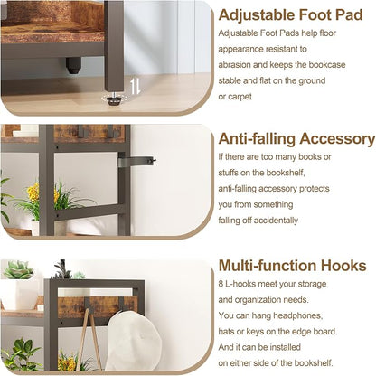 HCHQHS Adjustable Book Shelf with 8 Hooks, Reversible Corner Bookshelf, Industrial Wooden and Metal Bookcase for Living Room, Bedroom, Home Office (Rustic Brown, 6 Tier)