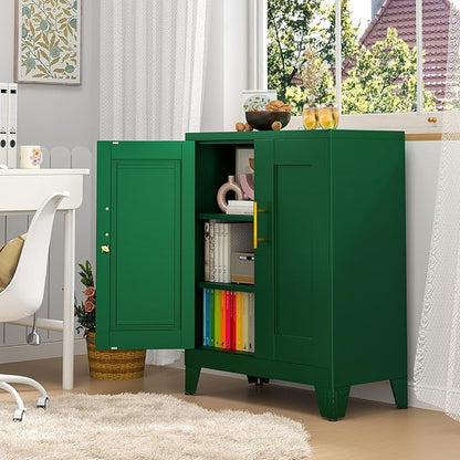 pozdeg 35.43" Metal Storage Cabinet with Lock, Metal File Cabinet with 2 Doors ＆ 2 Adjustable Shelves, Steel Locker Utility Tool Garage Cabinets for Home, Office, Warehouse (Green)