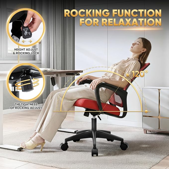 Magshion Ergonomic Office Chair 10 Pack, Mid-Back Mesh Desk Chair, Adjustable Swivel Computer Chair with Lumbar Support & Breathable Backrest for Gaming, Work, Study, 300 Lbs Capacity, Red