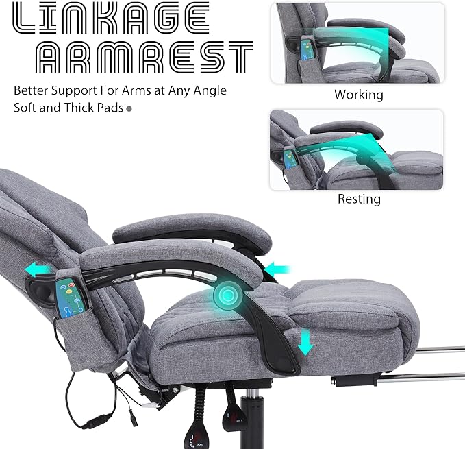 Massage Office Chair with Foot Rest 6 Points Vibration and Heat Home Office Desk Chairs for Heavy People 400lbs Reclining Managerial Chairs Ergonomic Executive Chair (Grey)
