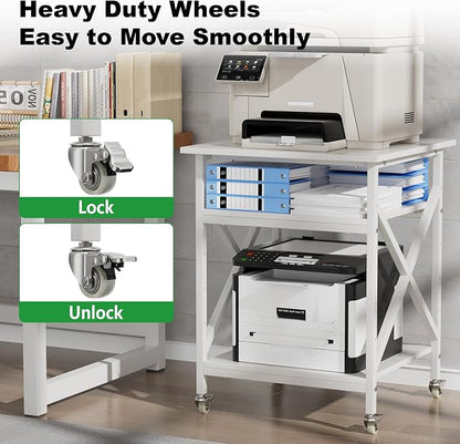 3 Tier Printer Stand, Large Table with Wheels, Rolling Cart with Height Adjustable Middle Storage Shelf, 23.6 x 23.6 x 30.3 Inches Shelf for Home Office, White