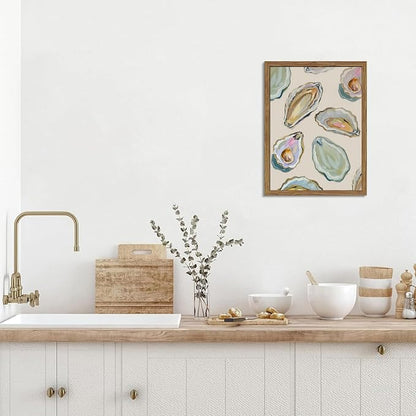 Framed Oyster Shell Canvas Wall Art, Colorful Abstract Wall Art Print, Coastal Beach House Wall Decor, Summer Dining Room Picture Poster, Modern Kitchen Oyster Oil Painting Artwork 16x24 inch