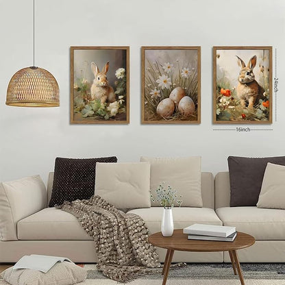 Vintage Easter Bunny Wall Art Set of 3, Spring Easter Rabbit Eggs Canvas Wall Decor Paintings, Rustic Farmhouse Animal Artwork Prints Pictures for Living Room Bedroom Bathroom 16x24 Inch Framed