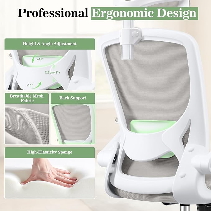 BESTFAIR Office Chair Ergonomic Desk Chair, Breathable Mesh Office Chairs with Adjustable Lumbar Support, Flip-Up Arms, Computer Desk Chair Comfy for Home Office, Light Gray
