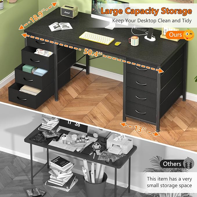 YOMILUVE 50 Inch Computer Desk with 8 Drawers, Home Office Desk with Power Outlets, Work Study Gaming Desk with 8 Fabric Drawers, Black