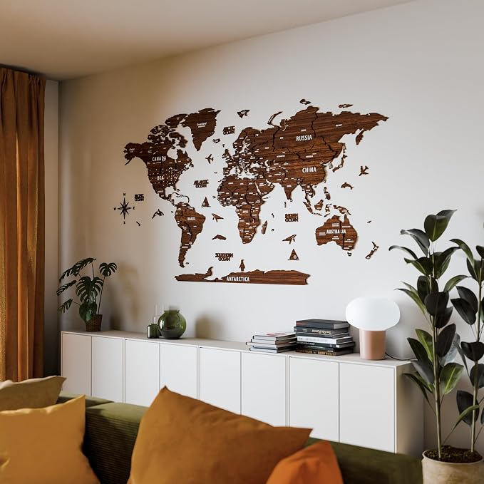 Colorfull Worlds, Multilayer 3D Wooden World Map, Travel Map States and Capitals, Wall Decor For New House, Gift For Travelers, Office Decor, Birthday Present, Living Room Decoration (M, Light Brown)