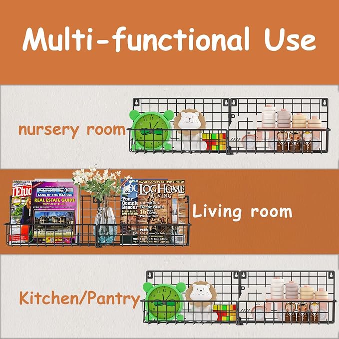 X-cosrack 24 Inch Wall Mounted Kids Bookshelf, Floating Metal Book Shelves for Kids Nursery Toddler Classroom, Hanging Book Shelf Organizer for Room Decor, Black, Set of 4