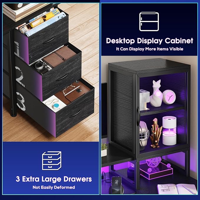 DurayLoly 55" Black Computer Desk with 2 Acrylic Cabinet & 3 Fabric Drawers | Integrates Ample Storage & Display, Great Fit for Small Spaces, Outlets Suitable for Studying, Working & Gaming Equipments