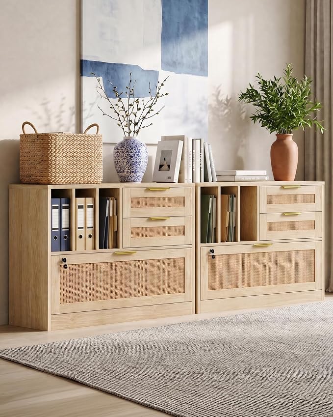 Lateral File Cabinets for Home Office, 3 Drawer and 3 Open Shevles Filing Cabinet with Lock, Wide Rattan Filing Organization Storage Cabinets with Printer Stand for Hanging Files/Letter, Natural Wood