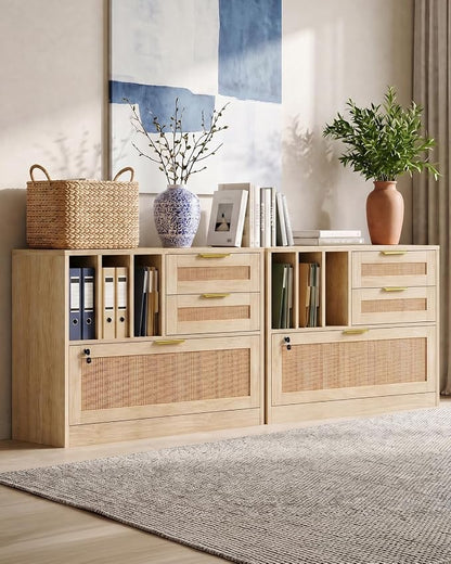 Lateral File Cabinets for Home Office, 3 Drawer and 3 Open Shevles Filing Cabinet with Lock, Wide Rattan Filing Organization Storage Cabinets with Printer Stand for Hanging Files/Letter, Natural Wood