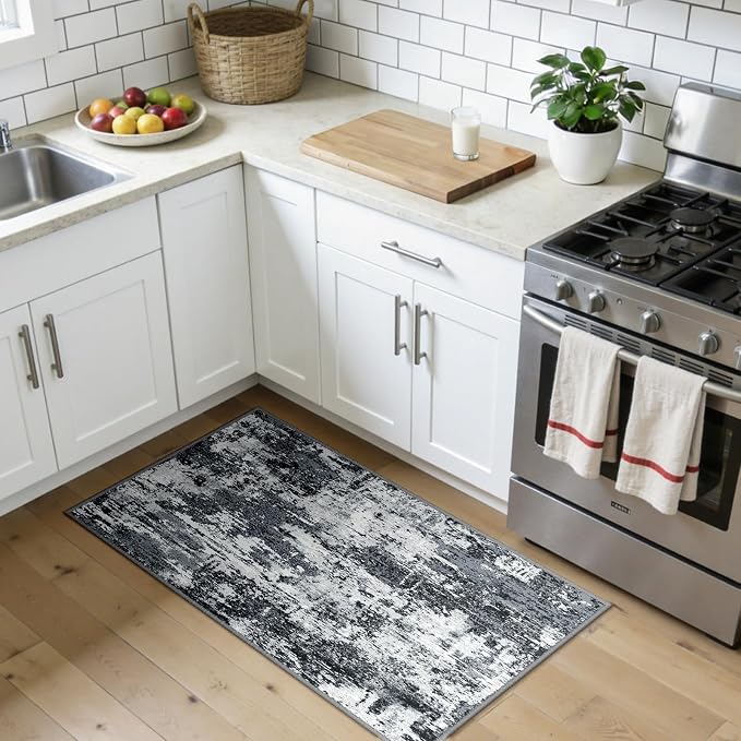 RELEANY Washable Area Rugs 2'x4' Non-Slip Modern Abstract Soft for Living Room Entryway Bedroom Kitchen, Print Pattern, Black Navy Blue Gray