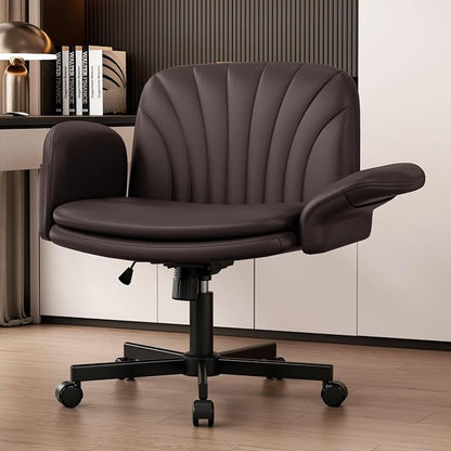 Vonesse Criss Cross Office Chair with Wheels & Armrests, Height Adjustable Vanity Chair, Makeup Chairs with Side Pockets Design, Comfortable Computer Desk Chairs for Home (PU Leather,Brown)