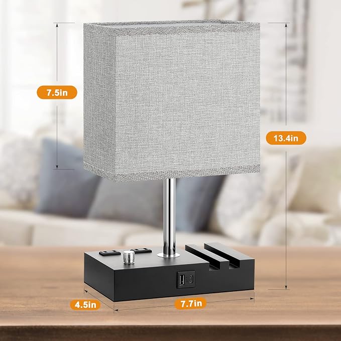 Kakanuo Fully Dimmable Bedside Lamps for Bedroom with USB C Ports, Grey USB Table Lamp Set of 2, Wooden Desk Lamp with 2 Charging Outlets and Phone Stand for Nightstand and Living Room, Bulb Included