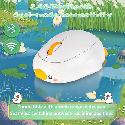 Cute Duck Bluetooth Wireless Mouse -Rechargeable,Dual Mode Connection, Silent Scroll Wheel, 1600 DPI - Perfect for Laptops, PCs, and Tablets (White)