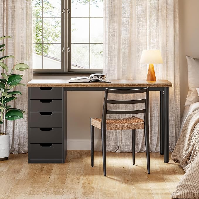 LITTLE TREE Computer Desk with 5 Drawers, 47 Inch Modern Simple Study Writing Desk with Metal Frame, Work Desk for Home Office, Rustic Brown and Black
