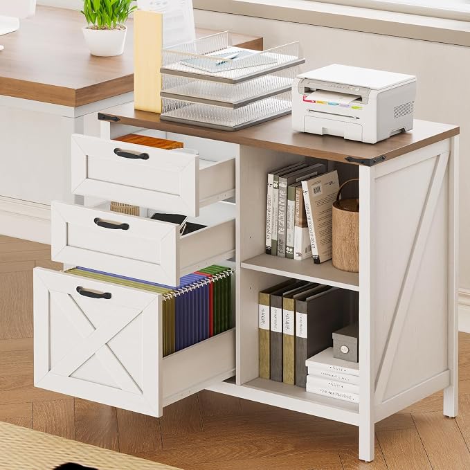 Halitaa 3 Drawer File Cabinet, Farmhouse Lateral Filing Cabinet Fits Files Letter or A4 Size, Wooden Printer Stand with Open Storage Adjustable Shelf for Home Office, White and Brown