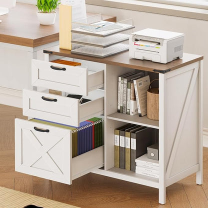 Halitaa 3 Drawer File Cabinet, Farmhouse Lateral Filing Cabinet Fits Files Letter or A4 Size, Wooden Printer Stand with Open Storage Adjustable Shelf for Home Office, White and Brown