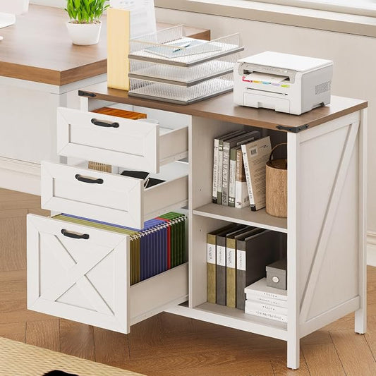 Halitaa 3 Drawer File Cabinet, Farmhouse Lateral Filing Cabinet Fits Files Letter or A4 Size, Wooden Printer Stand with Open Storage Adjustable Shelf for Home Office, White and Brown